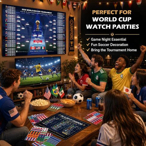 CANCJ 2026 World Soccer Schedule Poster Set,Tournament Wall Chart Champion Predictor Poster with 12 Flag Stickers, Match Tracker for Soccer Fans, Viewing Parties, Home & Bar Decorations in Kuwait