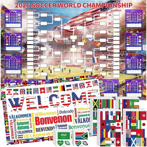 ملصق جدول كأس العالم لكرة القدم لعام 2026 مكون من 4 قطع، مقاس 63 × 44 بوصة، جهاز تتبع مباريات من البوليستر الفاخر مقاس 63 × 44 بوصة، مخطط مقاوم للماء ومقاوم للتجاعيد مع لافتة علم، 384 ملصق علم و96 وشمًا مائيًا in Kuwait