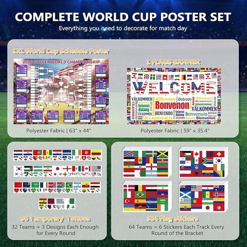 ملصق جدول كأس العالم لكرة القدم لعام 2026 مكون من 4 قطع، مقاس 63 × 44 بوصة، جهاز تتبع مباريات من البوليستر الفاخر مقاس 63 × 44 بوصة، مخطط مقاوم للماء ومقاوم للتجاعيد مع لافتة علم، 384 ملصق علم و96 وشمًا مائيًا in Kuwait