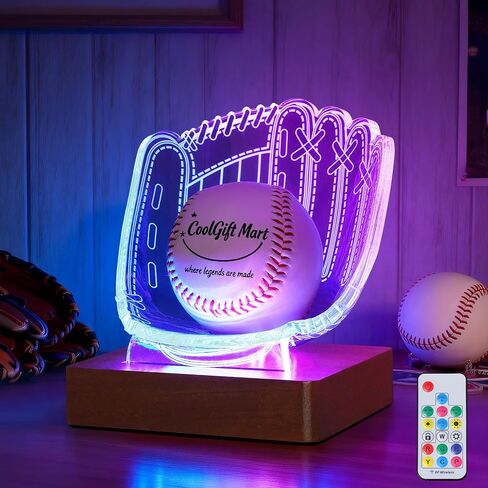 حامل عرض قفاز البيسبول المضيء من CoolGift Mart - قاعدة أكريليك وخشبية مع إضاءة LED، يعمل بمنفذ USB - حامل عرض سطح المكتب لغرفة النوم - هدية للاعبي البيسبول in Kuwait