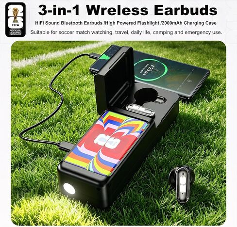 FIFA World Cup 2026 Licensed Wireless Earbuds, 2000mAh Charging Case with Flashlight, Bluetooth 6.0 IPX5 Waterproof, 165 Languages Translation for Fans Travel Outdoor Emergency (Black) in Kuwait