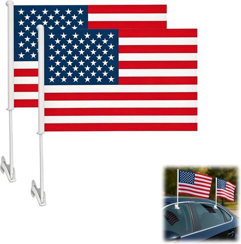 2 Pack Patriotic Car Window Flags, USA National Flag | Waterproof double-sided polyester flag, fade-proof. 2-pack poles & clips for cars, sports & USA 250th Independence Day. in Kuwait