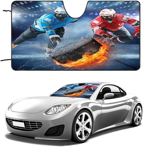 Cool Ice Hockey Gymnasium Car Sun Shade Windshield Winter Sport Theme Burning Hockey Decor for Most Cars 51L x 28W Inch in Kuwait