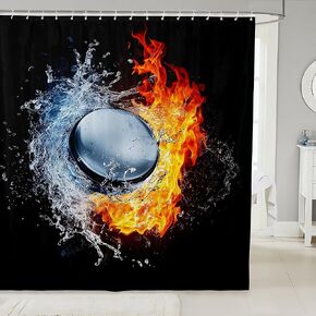 Ice Hockey Shower Curtain 3D Sport Fans Puck Hockey Bath Curtain Kids Puck in Red Flames and Blue Water Bathroom Shower Curtain Set Sport Theme Decor Waterproof Polyester Bathroom Curtains 72"x72" in Kuwait
