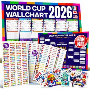 World Cup Wall Chart 2026 Interactive Kit (USA Edition) – A1 Soccer Tournament Wall Planner, 288 Team Progression Stickers, 96 Match Action Stickers, Tournament Tracker & USA Sticker in Kuwait