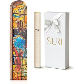 SURI Wooden Mezuzah Case for Door – 5 Inch Yellow Chagall-Inspired Mezuza Cover with Printed Scroll, Self-Stick Adhesive, Fits a 4 Inch Scroll, Gift Box Included in Kuwait
