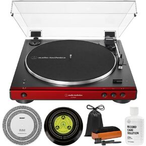Audio-Technica AT-LP60XBT-RD Fully Automatic Belt-Drive Bluetooth Stereo Turntable, Red/Black Bundle with Record Care Solution, Deco Gear Cleaning Kit, Stroboscope and Record Stabilizer in Saudi Arabia