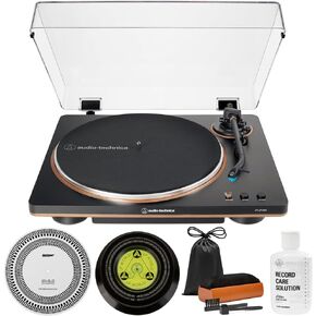 Audio-Technica AT-LP70X-BZ Fully Automatic Belt-Drive Turntable, Black/Bronze Bundle with Record Care Solution, Deco Gear Cleaning Kit, Stroboscope and Record Stabilizer in Saudi Arabia