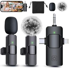PQRQP 3 in 1 Professional Wireless Lavalier Microphone for iPhone/Android/Camera, Wireless Microphones, Mini Microphone, Crystal Clear Sound Quality for Recording, Live Streaming, Clips-Elegant Black in Kuwait