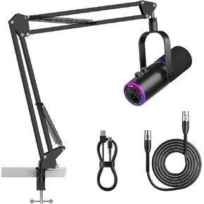 PUPGSIS XLR/USB Podcast Microphone, Gaming Mic with Mute Button, Reverb Effects, Noise Cancellation, Boom Arm Stand, Headphones Jack, Dynamic Microphone for Streaming/Recording/Gaming/Vocal-Black in Kuwait