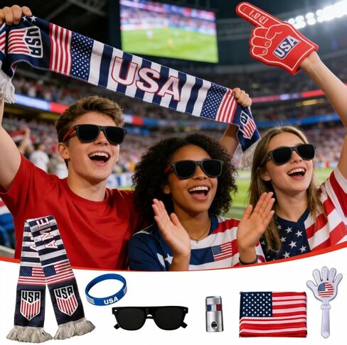 طقم مشجعي كرة القدم الأمريكية 2026 مكون من 6 قطع، معدات حفلات كأس العالم لكرة القدم مع وشاح وطني، علم، ملحق رسم الوجه، مجداف يدوي، سوار معصم، ملحقات يوم ألعاب مشجعي كرة القدم in Kuwait