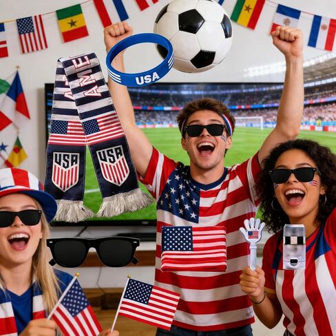 طقم مشجعي كرة القدم الأمريكية 2026 مكون من 6 قطع، معدات حفلات كأس العالم لكرة القدم مع وشاح وطني، علم، ملحق رسم الوجه، مجداف يدوي، سوار معصم، ملحقات يوم ألعاب مشجعي كرة القدم in Kuwait