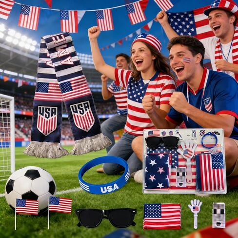 طقم مشجعي كرة القدم الأمريكية 2026 مكون من 6 قطع، معدات حفلات كأس العالم لكرة القدم مع وشاح وطني، علم، ملحق رسم الوجه، مجداف يدوي، سوار معصم، ملحقات يوم ألعاب مشجعي كرة القدم in Kuwait