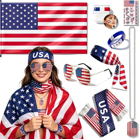 2026 World Soccer Sport Cup USA Fan Gear Kit - Patriotic Supporter Set for Game Day, Watch Parties & National Celebrations with American Flag Scarf,Headband,Wristbands,Face Paint,Necklace,Sunglasses in Kuwait
