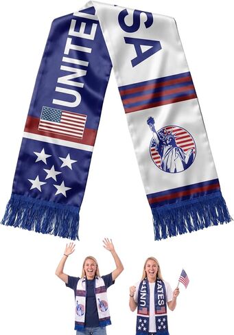 US Soccer Scarf 55.1x6.7 Inch Satin Double Sided Blue White with Tassels - Patriotic Flag Scarf for 2026 Soccer Fan Gear, 4th of July Accessories, Red White and Blue 250th Independence Day in Kuwait