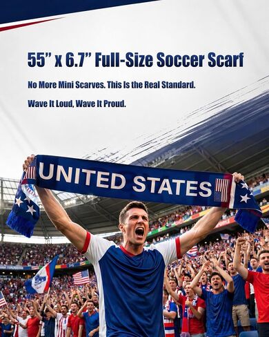 US Soccer Scarf 55.1x6.7 Inch Satin Double Sided Blue White with Tassels - Patriotic Flag Scarf for 2026 Soccer Fan Gear, 4th of July Accessories, Red White and Blue 250th Independence Day in Kuwait