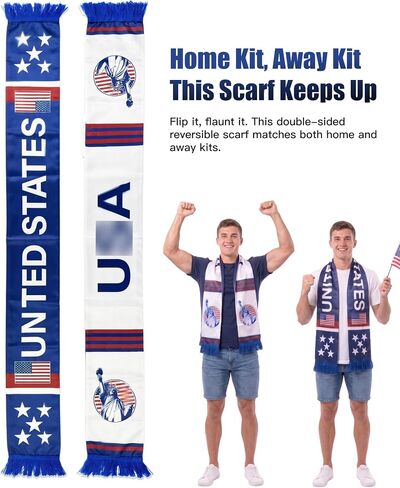 US Soccer Scarf 55.1x6.7 Inch Satin Double Sided Blue White with Tassels - Patriotic Flag Scarf for 2026 Soccer Fan Gear, 4th of July Accessories, Red White and Blue 250th Independence Day in Kuwait