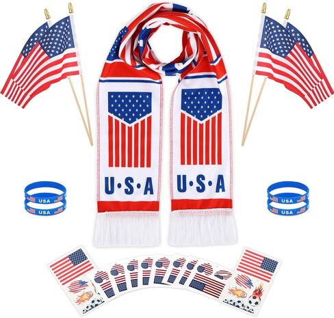 USA Soccer Fan Gear Kit for 2-4 People, Patriotic Accessories Set with Scarf, Handheld Flags, Wristbands & Tattoos for Couples, Family & Friends, 4th of July & Game Day in Kuwait