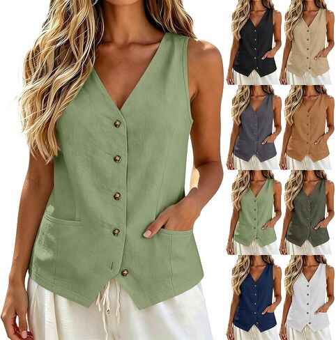 Vest Tops for Women Cotton Linen Button Down Sleeveless Shirts Business Casual Tank Vests 2026 Summer with Pockets in Kuwait