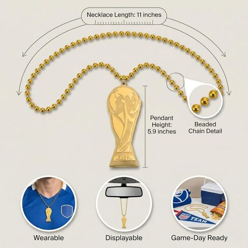 FIFA Officially Licensed World Cup 2026 Beaded Fan Chain Necklace Oversized Gold 36 Inch Trophy Pendant Ultimate Soccer Game Day Gear & Watch Party Accessory for Men, Women & Kids in Kuwait