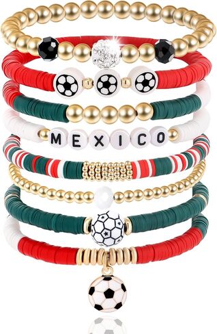Mexico Bracelets for Women, Soccer Stackable Stretch Bracelets, Game Day Outfit Soccer Fan Accessories, Holiday Birthday Sports Gifts for Women Men Friends Family Adults in Kuwait