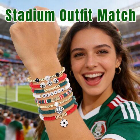 Mexico Bracelets for Women, Soccer Stackable Stretch Bracelets, Game Day Outfit Soccer Fan Accessories, Holiday Birthday Sports Gifts for Women Men Friends Family Adults in Kuwait