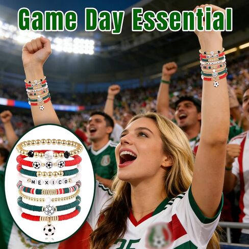 Mexico Bracelets for Women, Soccer Stackable Stretch Bracelets, Game Day Outfit Soccer Fan Accessories, Holiday Birthday Sports Gifts for Women Men Friends Family Adults in Kuwait