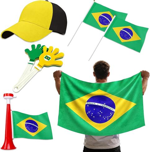 7Pcs Soccer Cup Fan Set, Soccer Theme Accessories Kit with Flags, Clappers, Shawl, Cap and Horn, Gifts for Football Lovers and Brazil Supporters in Kuwait