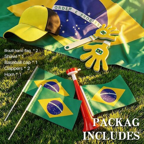 7Pcs Soccer Cup Fan Set, Soccer Theme Accessories Kit with Flags, Clappers, Shawl, Cap and Horn, Gifts for Football Lovers and Brazil Supporters in Saudi Arabia