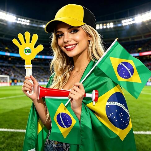 7Pcs Soccer Cup Fan Set, Soccer Theme Accessories Kit with Flags, Clappers, Shawl, Cap and Horn, Gifts for Football Lovers and Brazil Supporters in Saudi Arabia