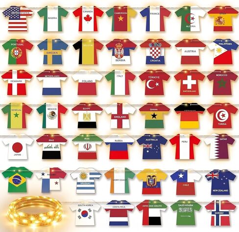 2026 World Cup Decorations with LED String Lights, 49 Countries Soccer Jersey Flag Banner Garland, Lighted Soccer Party Decorations for Watch Party, Bar, Home, Game Room, Sports Fan Decor in Kuwait