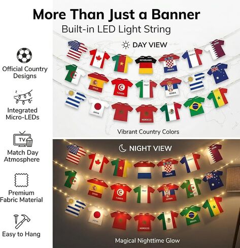 2026 World Cup Decorations with LED String Lights, 49 Countries Soccer Jersey Flag Banner Garland, Lighted Soccer Party Decorations for Watch Party, Bar, Home, Game Room, Sports Fan Decor in Kuwait