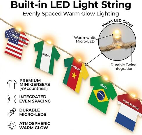 2026 World Cup Decorations with LED String Lights, 49 Countries Soccer Jersey Flag Banner Garland, Lighted Soccer Party Decorations for Watch Party, Bar, Home, Game Room, Sports Fan Decor in Kuwait