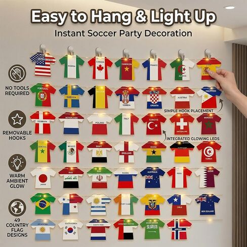2026 World Cup Decorations with LED String Lights, 49 Countries Soccer Jersey Flag Banner Garland, Lighted Soccer Party Decorations for Watch Party, Bar, Home, Game Room, Sports Fan Decor in Kuwait