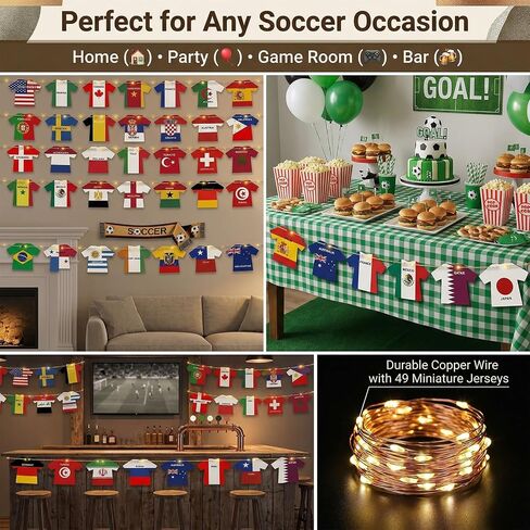 2026 World Cup Decorations with LED String Lights, 49 Countries Soccer Jersey Flag Banner Garland, Lighted Soccer Party Decorations for Watch Party, Bar, Home, Game Room, Sports Fan Decor in Kuwait