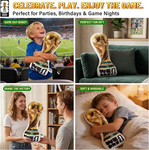 MESUCA Official FIFA World Cup 2026 Trophy Plush Pillow 14.5 inch, 1:1 Inspired Real Size Soft Decorative Throw Pillow for Sports Soccer Parties& World Cup 2026 Merchandise Decorations for Fans in Saudi Arabia