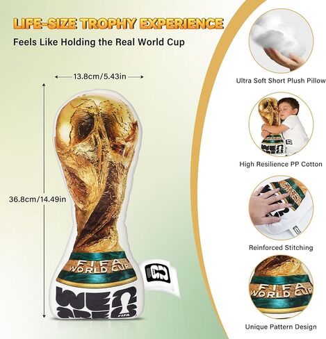 MESUCA Official FIFA World Cup 2026 Trophy Plush Pillow 14.5 inch, 1:1 Inspired Real Size Soft Decorative Throw Pillow for Sports Soccer Parties& World Cup 2026 Merchandise Decorations for Fans in Saudi Arabia