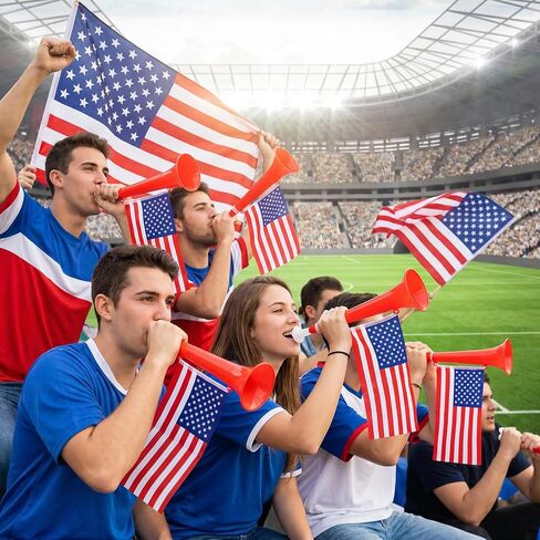 4 عبوات من أبواق الملعب مع الأعلام الأمريكية، 11 بوصة من أبواق الفوفوزيلا المشجعة البلاستيكية صانعة الضوضاء لحفلات كرة القدم والمناسبات الرياضية in Kuwait