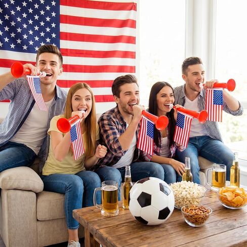 4 عبوات من أبواق الملعب مع الأعلام الأمريكية، 11 بوصة من أبواق الفوفوزيلا المشجعة البلاستيكية صانعة الضوضاء لحفلات كرة القدم والمناسبات الرياضية in Kuwait