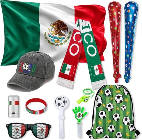 12Pcs 2026 World Cup Fan Set w/Flag, Flag Glasses, Whistle, 2 Clappers, Wristband, Face Paint, Scarf, Hat, 2 Sticks, Bag in Kuwait
