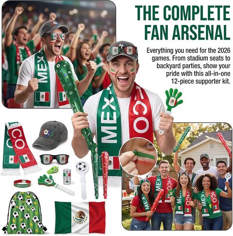 12Pcs 2026 World Cup Fan Set w/Flag, Flag Glasses, Whistle, 2 Clappers, Wristband, Face Paint, Scarf, Hat, 2 Sticks, Bag in Kuwait