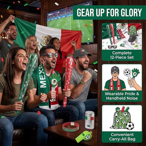 12Pcs 2026 World Cup Fan Set w/Flag, Flag Glasses, Whistle, 2 Clappers, Wristband, Face Paint, Scarf, Hat, 2 Sticks, Bag in Kuwait