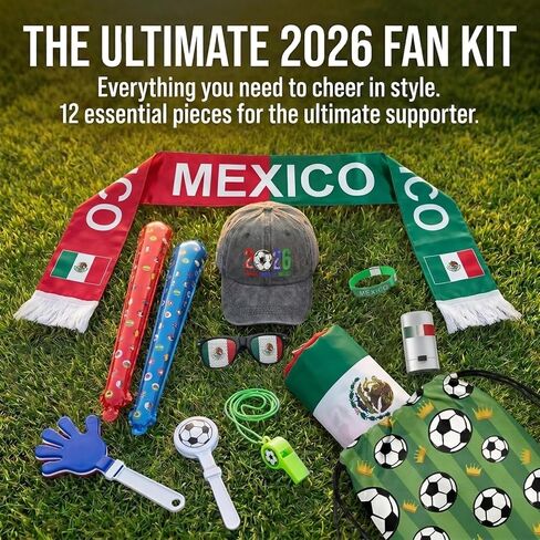 12Pcs 2026 World Cup Fan Set w/Flag, Flag Glasses, Whistle, 2 Clappers, Wristband, Face Paint, Scarf, Hat, 2 Sticks, Bag in Kuwait