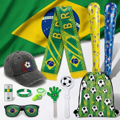 12Pcs 2026 World Cup Fan Set w/Flag, Flag Glasses, Whistle, 2 Clappers, Wristband, Face Paint, Scarf, Hat, 2 Sticks, Bag in Kuwait