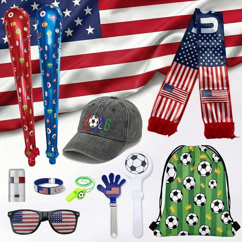 12Pcs 2026 World Cup Fan Set w/Flag, Flag Glasses, Whistle, 2 Clappers, Wristband, Face Paint, Scarf, Hat, 2 Sticks, Bag in Kuwait