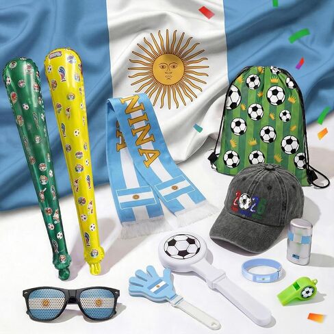 12Pcs 2026 World Cup Fan Set w/Flag, Flag Glasses, Whistle, 2 Clappers, Wristband, Face Paint, Scarf, Hat, 2 Sticks, Bag in Kuwait