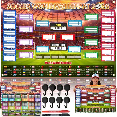 كأس العالم الجدول الزمني ملصق 2 قطعة زينة حفلات كرة القدم خروج المغلوب مرحلة قوس Wallchart والمجموعة مرحلة Wallchart عرض خلفية مقاومة للماء راية البضائع مشجعي كرة القدم الهدايا مع هوك 33x24" in Kuwait