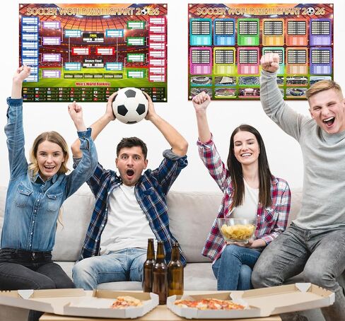كأس العالم الجدول الزمني ملصق 2 قطعة زينة حفلات كرة القدم خروج المغلوب مرحلة قوس Wallchart والمجموعة مرحلة Wallchart عرض خلفية مقاومة للماء راية البضائع مشجعي كرة القدم الهدايا مع هوك 33x24" in Kuwait