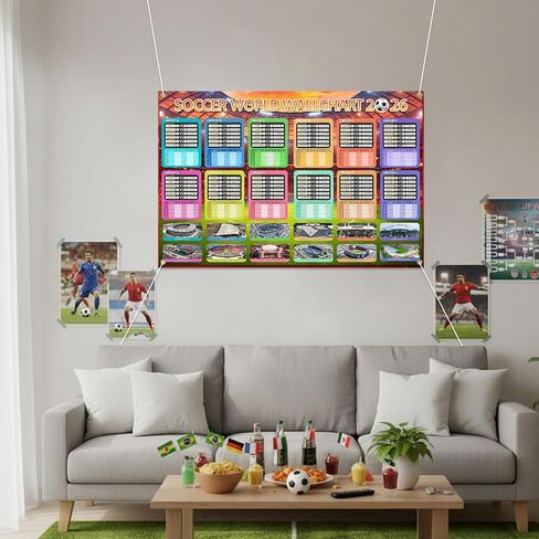 كأس العالم الجدول الزمني ملصق 2 قطعة زينة حفلات كرة القدم خروج المغلوب مرحلة قوس Wallchart والمجموعة مرحلة Wallchart عرض خلفية مقاومة للماء راية البضائع مشجعي كرة القدم الهدايا مع هوك 33x24" in Kuwait
