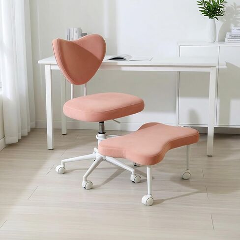 Ergonomic Cross-Legged Office Chair with 360 Movable Footrest, Pink Velvet, Swivel Rolling Casters, Adjustable Kneeling Chair, Multi-Position Back Support Home Desk Chair in Kuwait